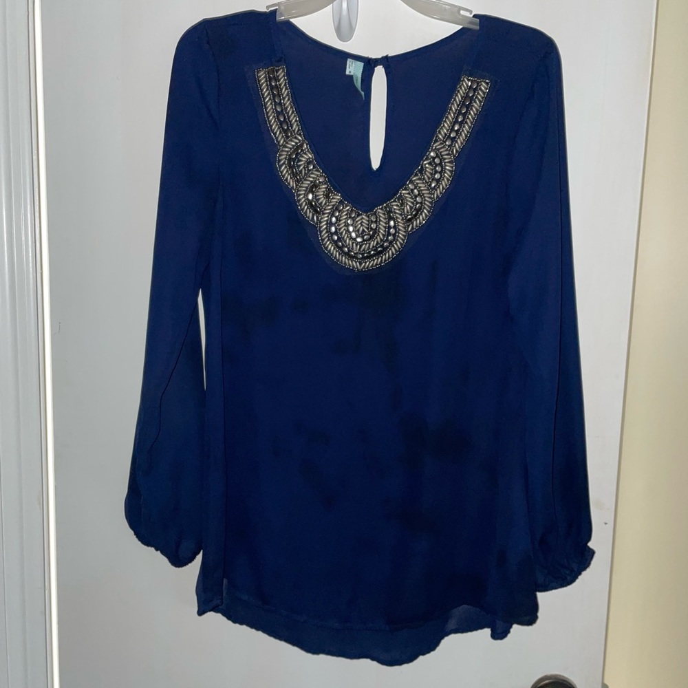 Navy sheet blouse, beading around v neck, worn only a couple times